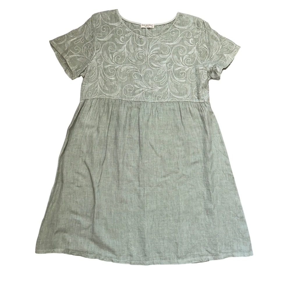 Terzo Millennio Sage Green 100% Linen Embroidered Dress L Italy lagenlook